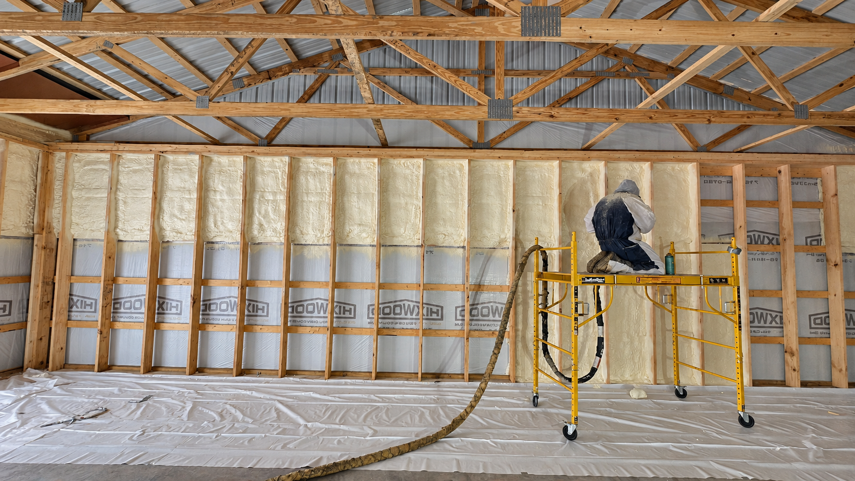 Spray foam technician applying insulation to a framed pole-building wall from yellow scaffolding